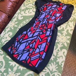 Robert Rodrigues Black Red Purple Geometric Patterned Silk Mini Dress Size 4